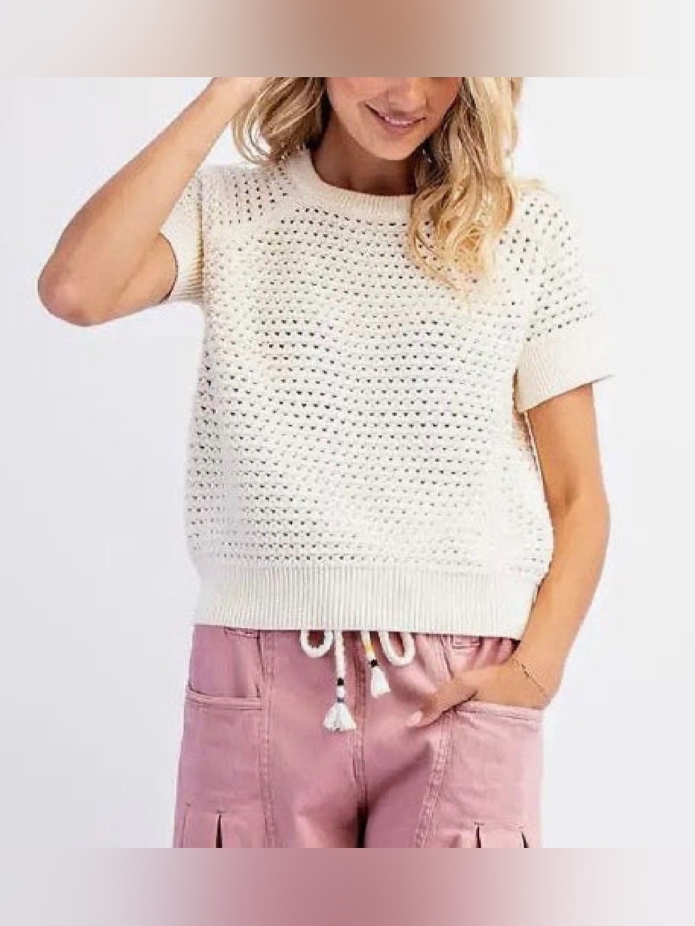 Ivory Open-Knit Short Sleeve Sweater